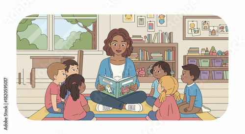 Interactive Storytime With Diverse Children In Bright Classroom Setting