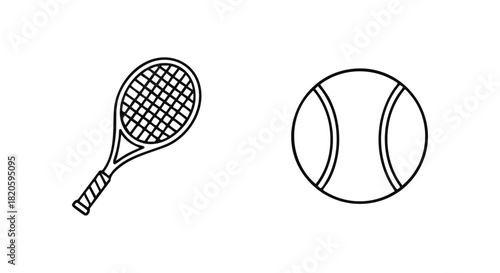 Tennis racket and ball simple outline drawing for sports graphics