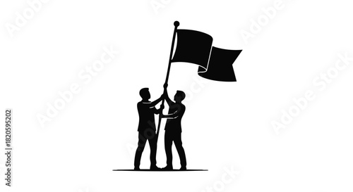 Two men raising a flag on a flagpole, teamwork and victory symbol