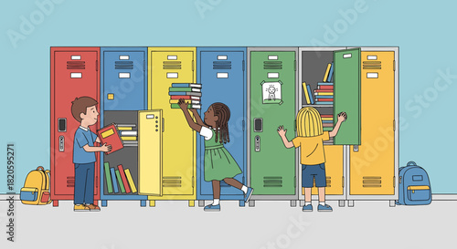 Joyful Elementary Students At Their Lockers During Back To School Season