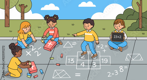 Kids Enjoying Outdoor Math Games With Chalk And Imagination