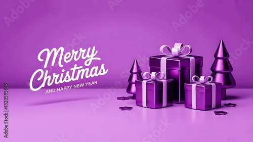 Purple christmas gifts and trees for modern festive holiday greeting design
