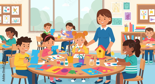 Preschoolers Engaged In Fun Crafting Activities With Their Teacher