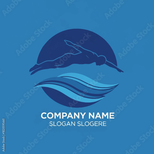 Swimmer Silhouette Logo with Water Waves in a Circular Design.