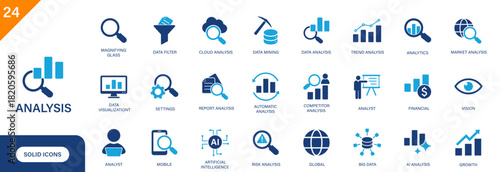 Analysis icon. Includes competitor analysis, data mining, data filter, analyst, big data. Solid vector icon set.