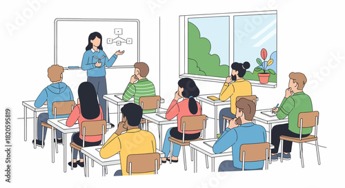 Students Learning In Classroom With Teacher Explaining On Whiteboard