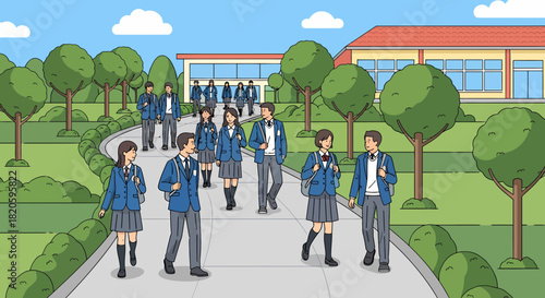 Students In Uniform Walking To The School On A Sunny Day