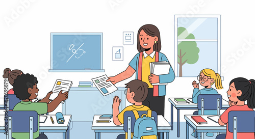 Teacher Distributing Assignments To Students In Classroom Illustration