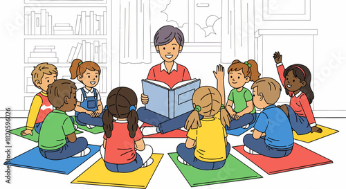 Teacher Reading Book To Children In Classroom Kindergarten Setting