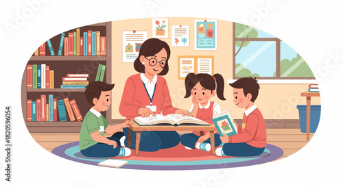Teacher Reading Book Together With Children In The Classroom