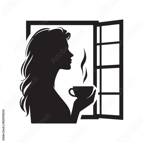woman holding coffee cup looking through window vector silhouette clip art logo design illustration