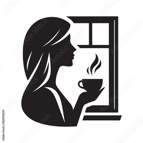 woman holding coffee cup looking through window vector silhouette clip art logo design illustration