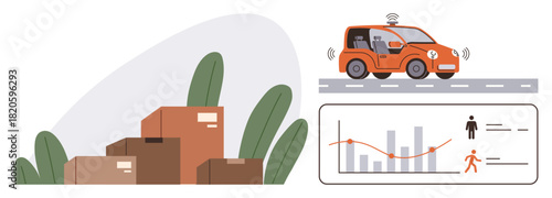 Autonomous car driving near stacked delivery boxes with a data analytics dashboard showing statistics. Ideal for technology, logistics, innovation, automation, transportation, e-commerce, simple flat