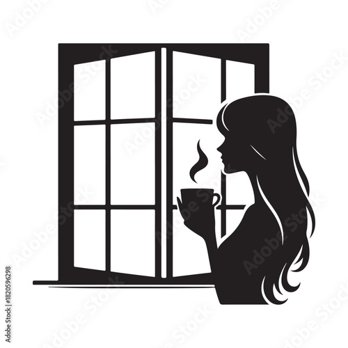 woman holding coffee cup looking through window vector silhouette clip art logo design illustration