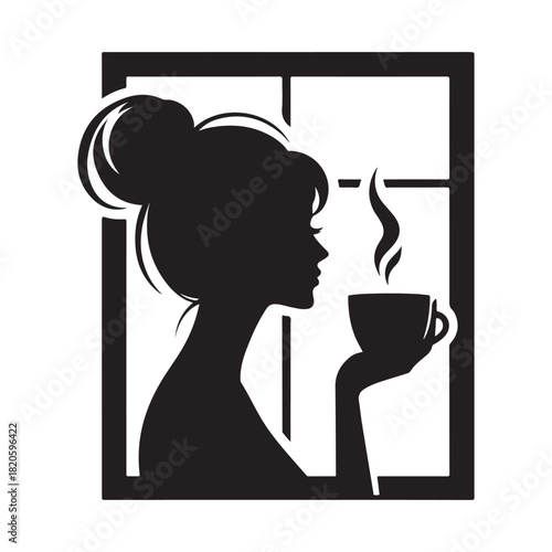 woman holding coffee cup looking through window vector silhouette clip art logo design illustration