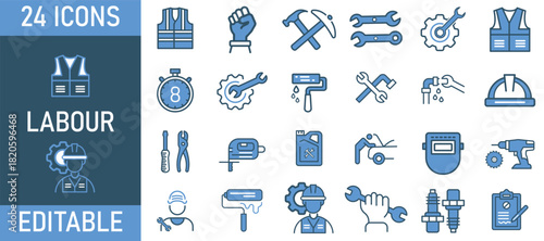 Labour & Construction Tools Icons – 24 Editable Worker Equipment, Tools, Safety Gear & Repair Symbols for Industry and Maintenance