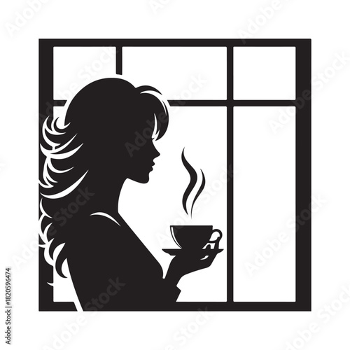 woman holding coffee cup looking through window vector silhouette clip art logo design illustration