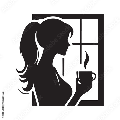 woman holding coffee cup looking through window vector silhouette clip art logo design illustration
