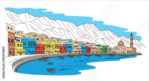Muscat skyline doodle with iconic landmarks and architecture