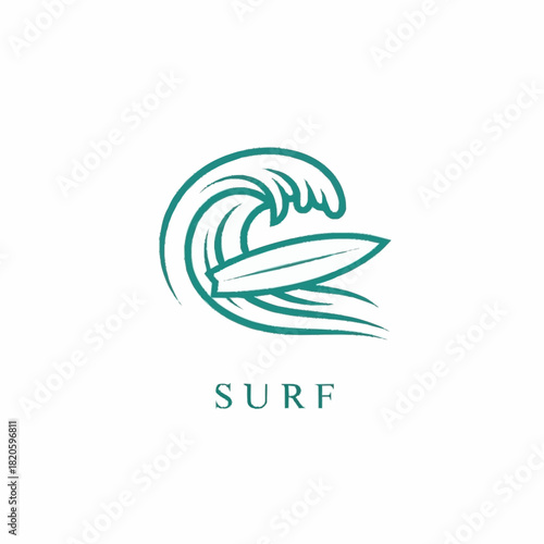 Minimalist Surf Logo with Wave and Surfboard Design in Teal.