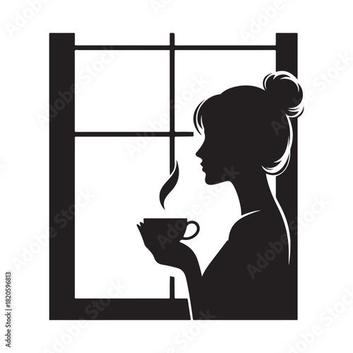 woman holding coffee cup looking through window vector silhouette clip art logo design illustration