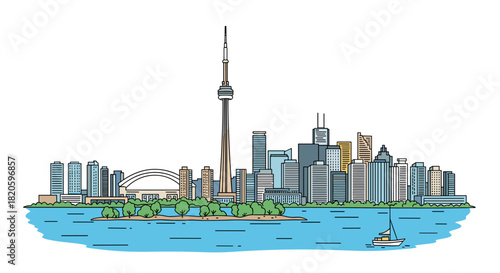 Toronto skyline doodle with iconic landmarks and architecture