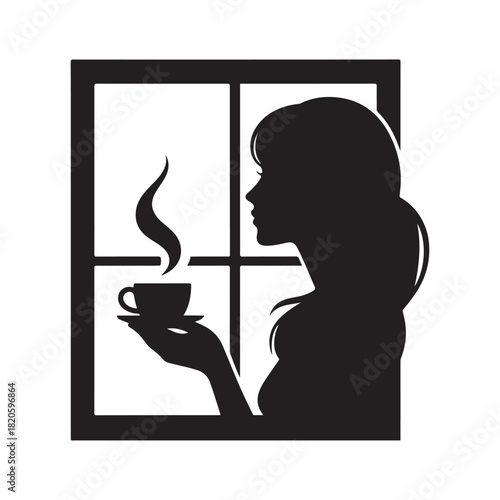 woman holding coffee cup looking through window vector silhouette clip art logo design illustration