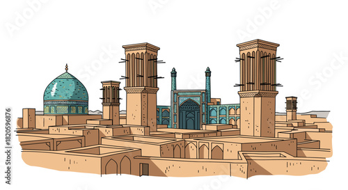 Yazd skyline doodle with iconic landmarks and architecture