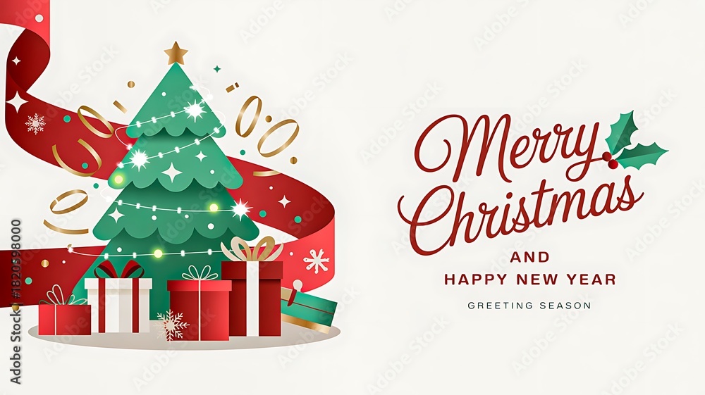 Naklejka premium Christmas tree with gifts and decorative ribbon for festive holiday greeting 