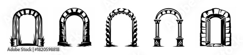 Collection of five stylized circular archways and doorways in black and white sketch style