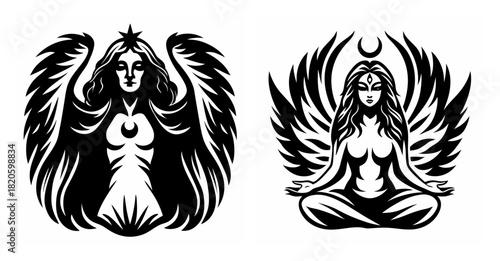 Divine feminine duo angelic figures embodiments of moon goddess wisdom and serenity