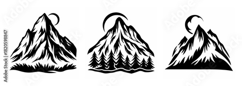 Majestic moonlit mountain peaks with trees and moon trio of serene nature scenes