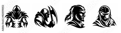 Four distinct fantasy warrior portraits rendered in a dramatic high-contrast ink style.
