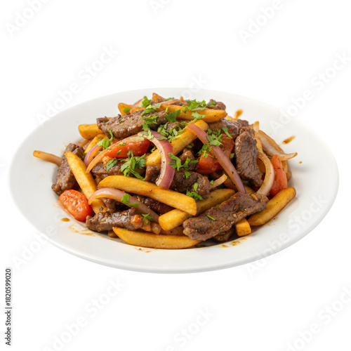 Authentic Peruvian Lomo Saltado with Beef Strips and French Fries isolated on a transparent background 