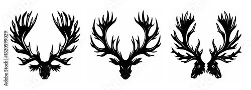 Majestic moose antlers displayed in three stylized dark silhouettes against a