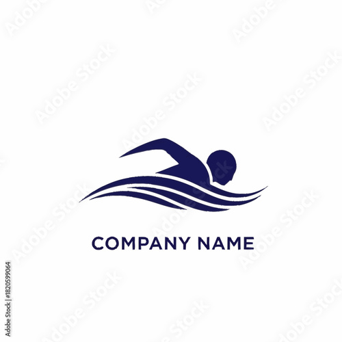 Swimming logo design featuring a swimmer in the water with company name.