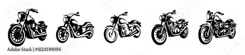 A row of five distinct motorcycles in a stylized black and white artistic rendering