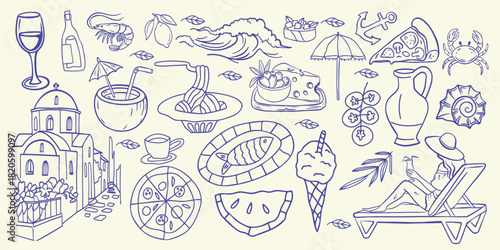 A handmade Italian summer vacation illustration set featuring Mediterranean food, wine, seaside landscapes, beaches, pasta, pizza, fruits, sea animals, umbrellas, buildings and travel elements.