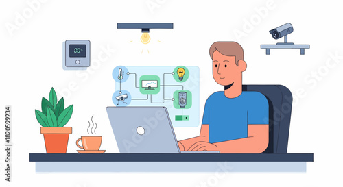 Man Managing Smart Home Systems on Laptop at Home Office Desk