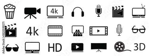 Cinema icons vector shape. Video and movie related icons set. Contains such icon as film, movie, tv, video and more.