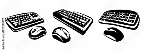 Three computer keyboards and mice set artistic line drawing graphic elements