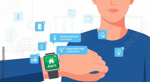 Man Using Smartwatch To Monitor Home Automation System And Security