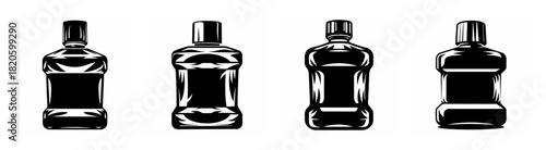 Four identical clear glass bottles with dark liquid and white caps presented in a straight line arrangement side by side