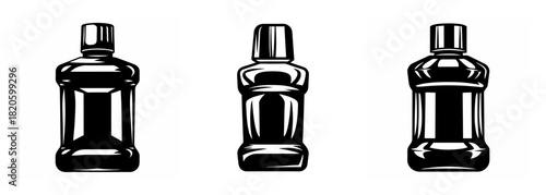 Three stylized dark bottles of mouthwash presented in a clean composition