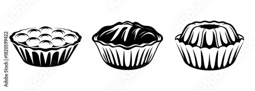 Three delicious baked goods cupcakes muffin fruit tart and bundt cake line art style