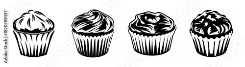 Four black and white hand drawn cupcakes perfect for baking websites and food blogs