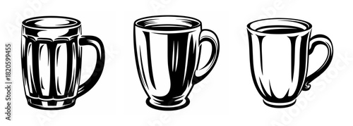 Three classic beverage mugs with handles offering distinct styles and capacities