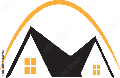Illustration of modern house roof logo design with orange arch and windows