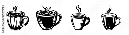 Four hand drawn hot coffee mugs with steam emerging artistic sketch beverage illustration
