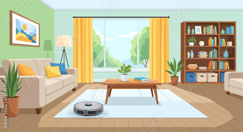 Robot Vacuum Cleaning Modern Living Room Interior Illustration